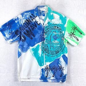 VTG Op Ocean Pacific Hawaiian Shirt Mens L White Blue Brushstrokes AOP Beach 90s